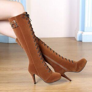 Women's Knee High Boots Suede Buckle Rock Lace Up High Heel Boots